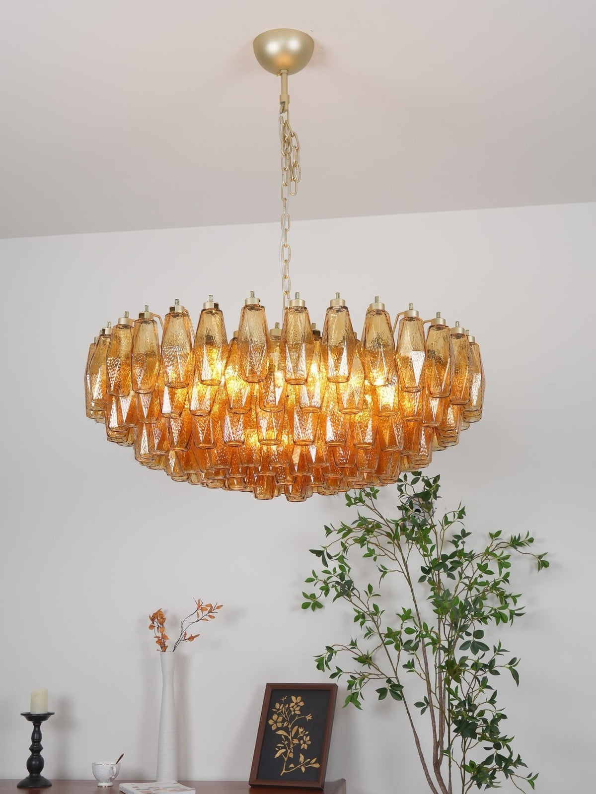 Designer Murano-Style Rhombus Amber Poliedri Glass Chandelier