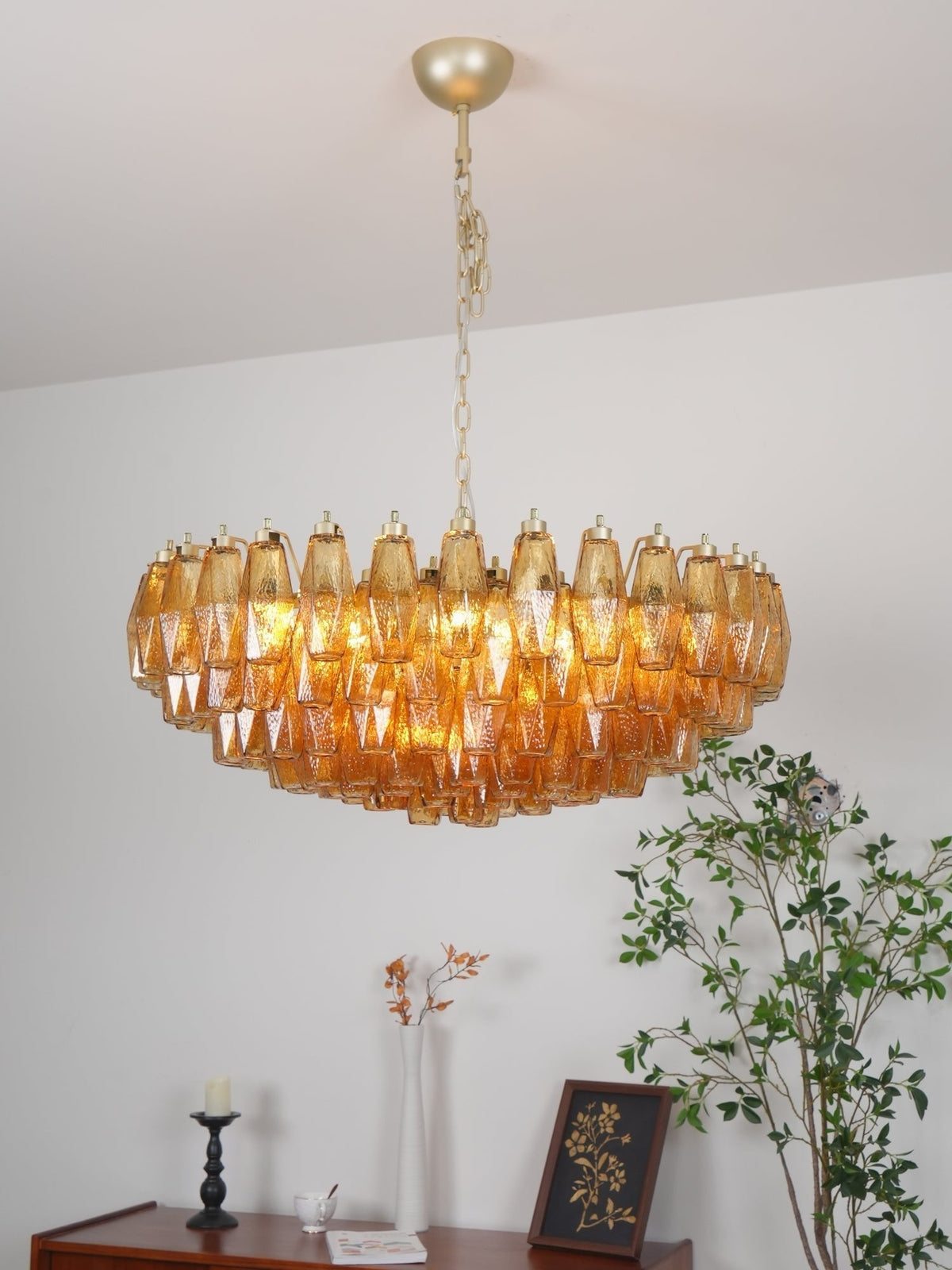 Designer Murano-Style Rhombus Amber Poliedri Glass Chandelier