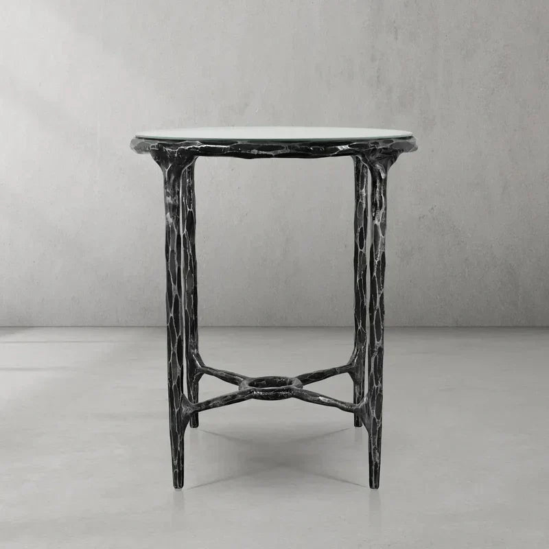 Hand-Forged Metal Glass Round Side Table 3 Leg 24"D