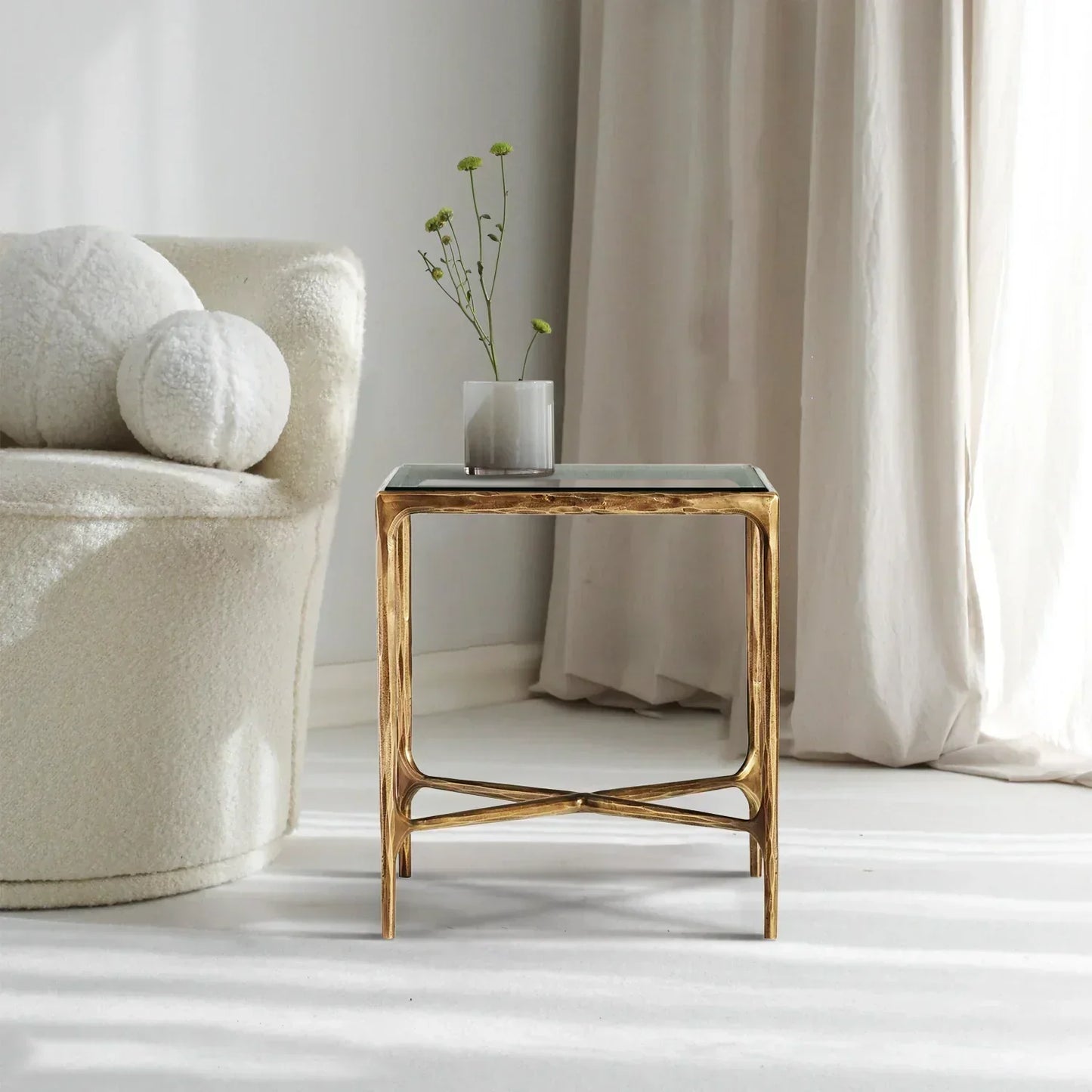 Hand-Forged Metal Glass Square Side Table 18" 22"