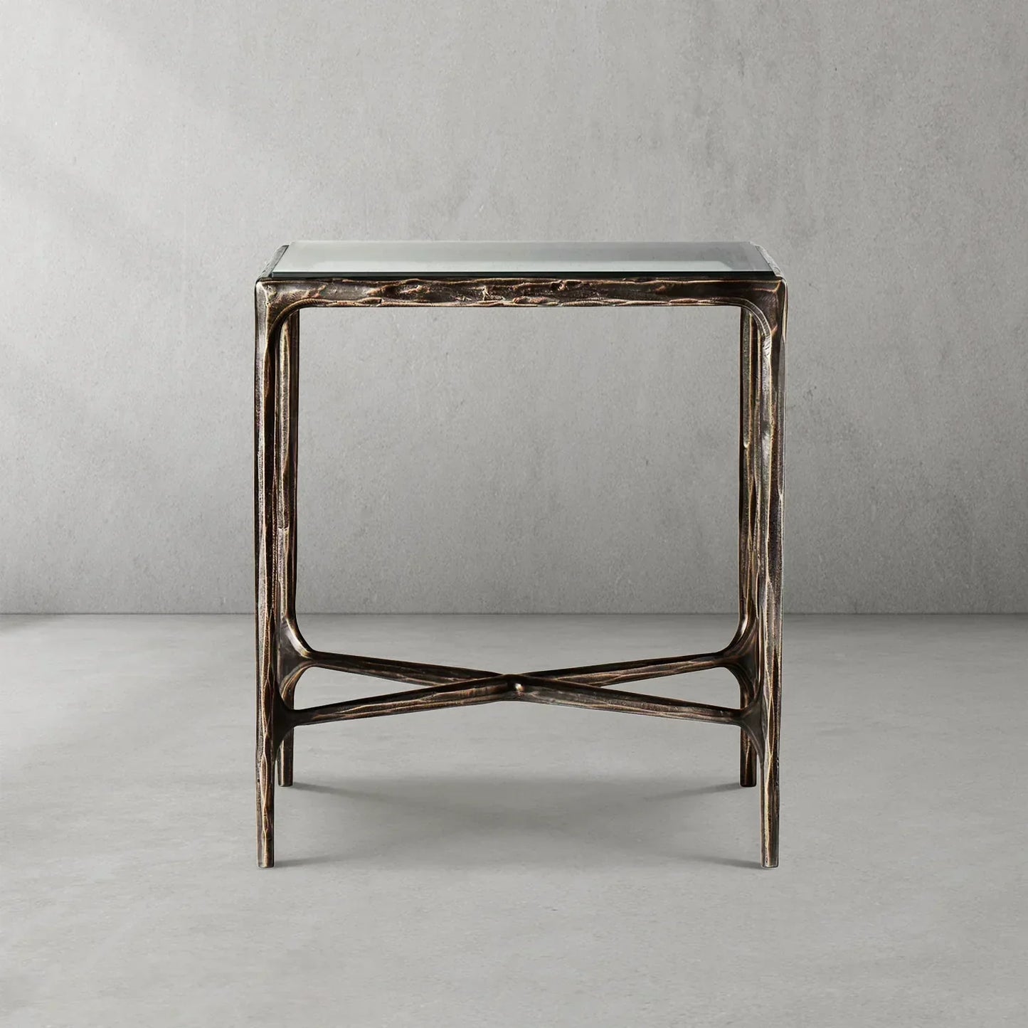 Hand-Forged Metal Glass Square Side Table 18" 22"