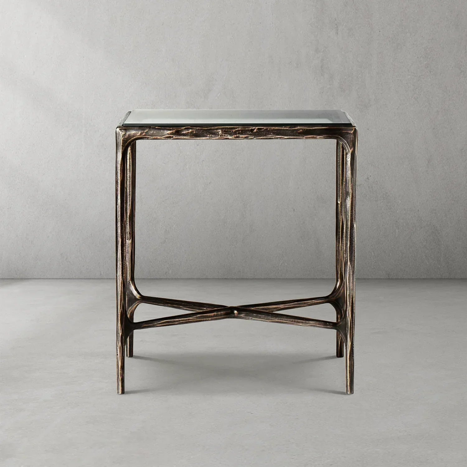 Hand-Forged Metal Glass Square Side Table 18" 22"