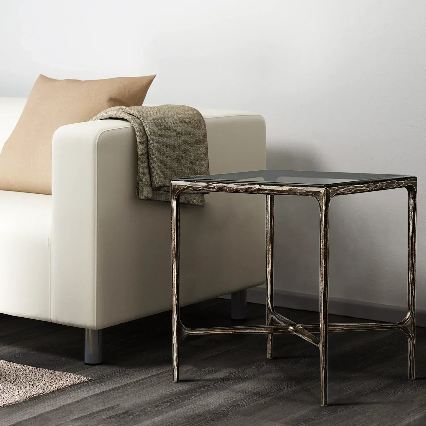 Hand-Forged Metal Glass Square Side Table 18" 22"